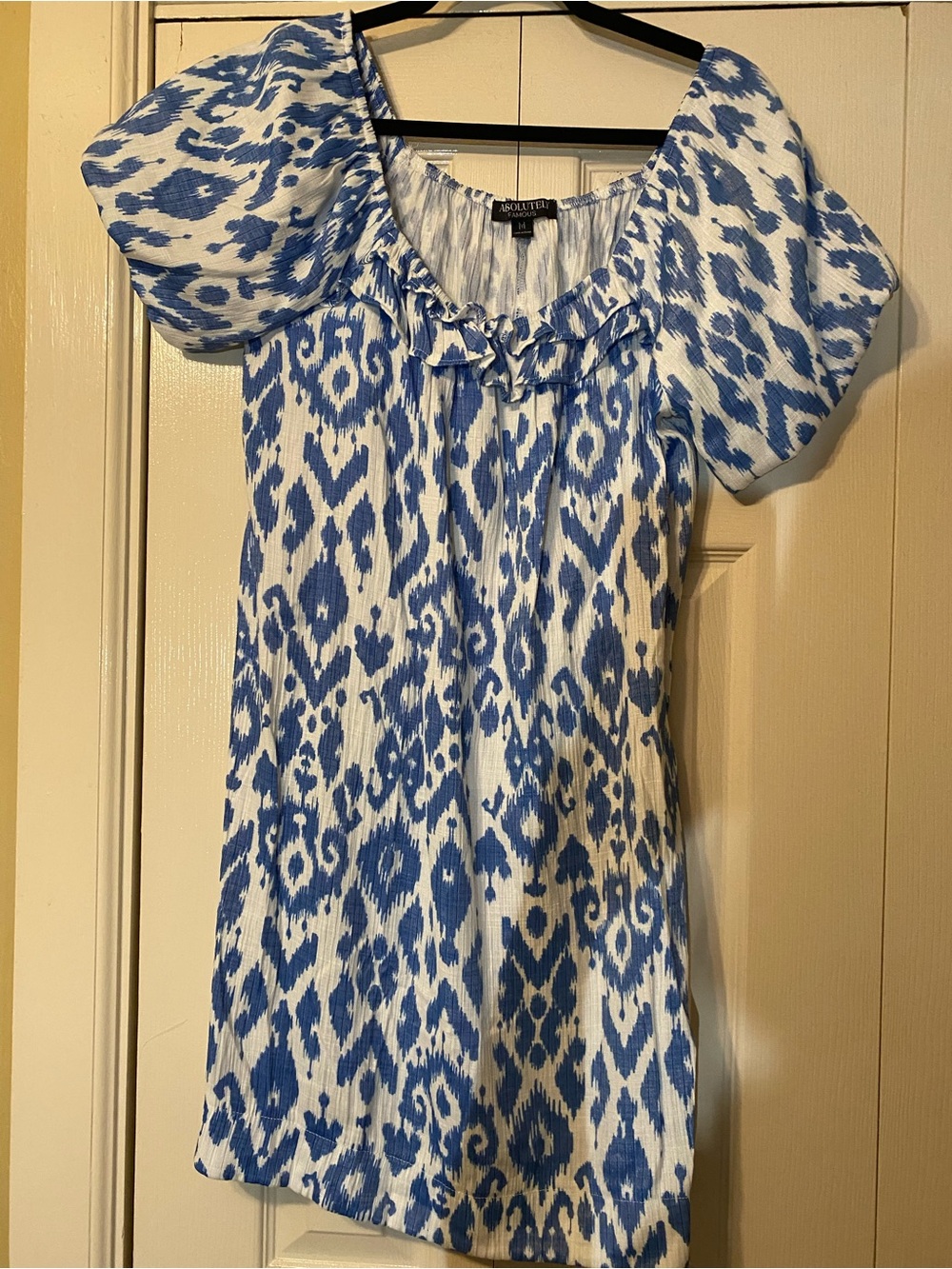 Absolutely Famous Blue and White Ikat Puff Sleeve Dress